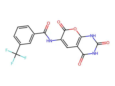 3-(trifluoromethyl)-N-(2,4,7-trioxo-1H-pyrano[2,3-d]pyrimidin-6-yl)benzamide structure