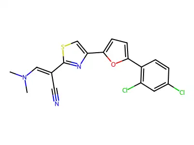 2-{4-[5-(2,4-dichlorophenyl)-2-furyl]-1,3-thiazol-2-yl}-3-(dimethylamino)acrylonitrile structure