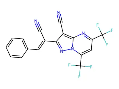 2-(1-cyano-2-phenylethenyl)-5,7-bis(trifluoromethyl)pyrazolo[1,5-a]pyrimidine-3-carbonitrile structure