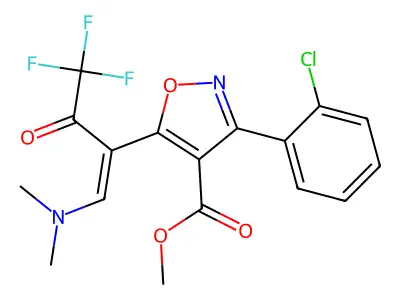 methyl 3-(2-chlorophenyl)-5-[1-(dimethylamino)-4,4,4-trifluoro-3-oxobut-1-en-2-yl]-1,2-oxazole-4-carboxylate structure