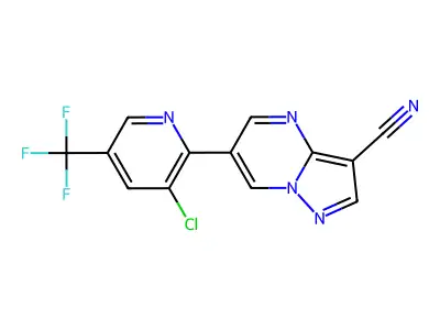 6-[3-chloro-5-(trifluoromethyl)-2-pyridinyl]pyrazolo[1,5-a]pyrimidine-3-carbonitrile structure