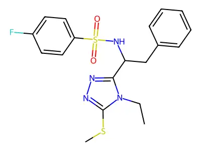 N-{1-[4-ethyl-5-(methylsulfanyl)-4H-1,2,4-triazol-3-yl]-2-phenylethyl}-4-fluorobenzenesulfonamide structure