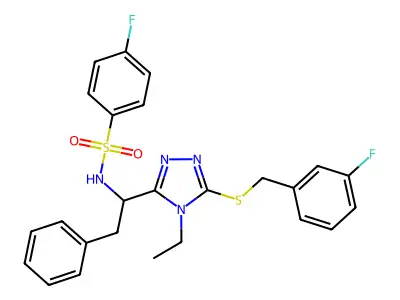 N-(1-{4-ethyl-5-[(3-fluorobenzyl)sulfanyl]-4H-1,2,4-triazol-3-yl}-2-phenylethyl)-4-fluorobenzenesulfonamide structure