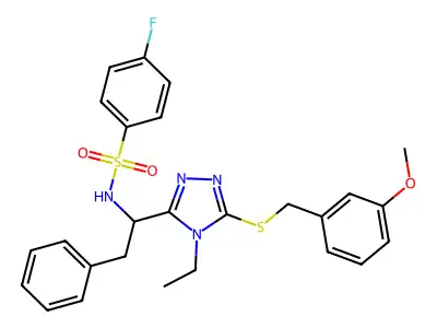 N-(1-{4-ethyl-5-[(3-methoxybenzyl)sulfanyl]-4H-1,2,4-triazol-3-yl}-2-phenylethyl)-4-fluorobenzenesulfonamide structure