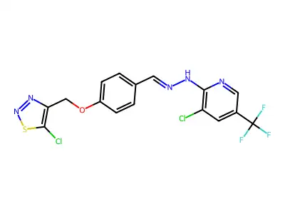3-chloro-N-[[4-[(5-chlorothiadiazol-4-yl)methoxy]phenyl]methylideneamino]-5-(trifluoromethyl)pyridin-2-amine structure