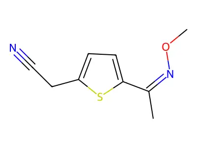 2-[5-(N-methoxy-C-methylcarbonimidoyl)thiophen-2-yl]acetonitrile structure
