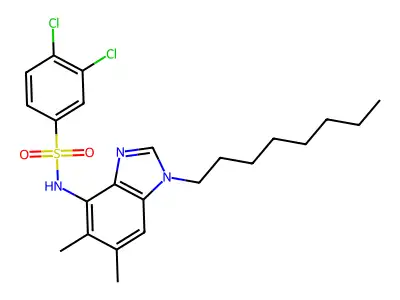 3,4-dichloro-N-(5,6-dimethyl-1-octyl-1H-1,3-benzimidazol-4-yl)benzenesulfonamide structure