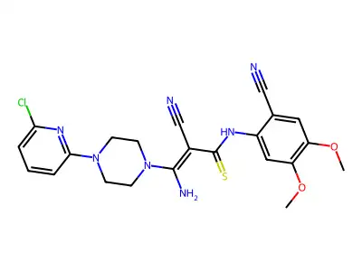 3-amino-3-[4-(6-chloropyridin-2-yl)piperazin-1-yl]-2-cyano-N-(2-cyano-4,5-dimethoxyphenyl)prop-2-enethioamide structure