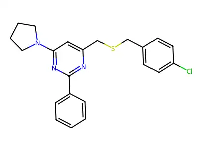 4-Chlorobenzyl [2-phenyl-6-(1-pyrrolidinyl)-4-pyrimidinyl]methyl sulfide structure