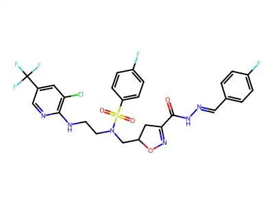 5-[[2-[[3-chloro-5-(trifluoromethyl)pyridin-2-yl]amino]ethyl-(4-fluorophenyl)sulfonylamino]methyl]-N-[(4-fluorophenyl)methylideneamino]-4,5-dihydro-1,2-oxazole-3-carboxamide structure
