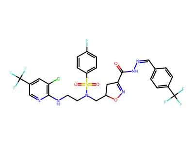 5-[[2-[[3-chloro-5-(trifluoromethyl)pyridin-2-yl]amino]ethyl-(4-fluorophenyl)sulfonylamino]methyl]-N-[[4-(trifluoromethyl)phenyl]methylideneamino]-4,5-dihydro-1,2-oxazole-3-carboxamide structure