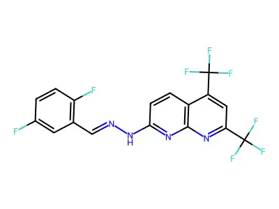 N-[(2,5-difluorophenyl)methylideneamino]-5,7-bis(trifluoromethyl)-1,8-naphthyridin-2-amine structure