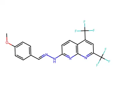 N-[(4-methoxyphenyl)methylideneamino]-5,7-bis(trifluoromethyl)-1,8-naphthyridin-2-amine structure