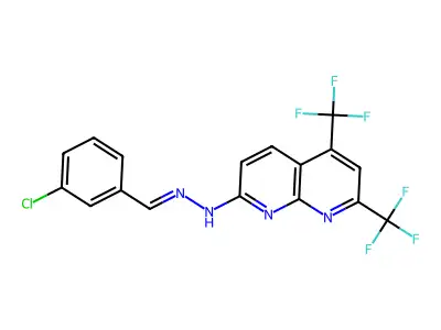 3-chlorobenzenecarbaldehyde N-[5,7-bis(trifluoromethyl)[1,8]naphthyridin-2-yl]hydrazone structure