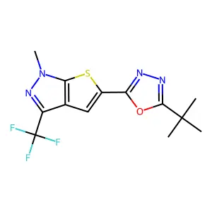 5-[5-(tert-butyl)-1,3,4-oxadiazol-2-yl]-1-methyl-3-(trifluoromethyl)-1H-thieno[2,3-c]pyrazole structure