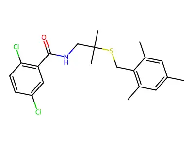 2,5-dichloro-N-{2-[(mesitylmethyl)sulfanyl]-2-methylpropyl}benzenecarboxamide structure