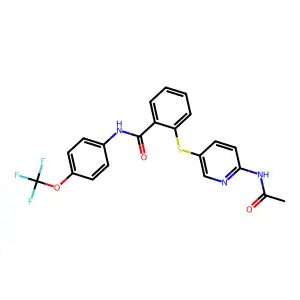 2-(6-acetamidopyridin-3-yl)sulfanyl-N-[4-(trifluoromethoxy)phenyl]benzamide structure
