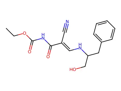 ethyl N-[2-cyano-3-[(1-hydroxy-3-phenylpropan-2-yl)amino]prop-2-enoyl]carbamate structure