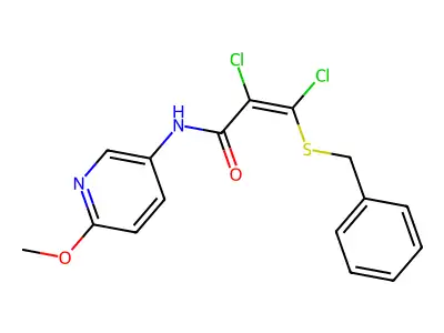 3-benzylsulfanyl-2,3-dichloro-N-(6-methoxy-3-pyridinyl)prop-2-enamide structure
