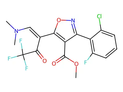 methyl 3-(2-chloro-6-fluorophenyl)-5-(1-(dimethylamino)-4,4,4-trifluoro-3-oxobut-1-en-2-yl)isoxazole-4-carboxylate structure