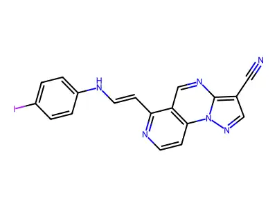 6-[2-(4-iodoanilino)vinyl]pyrazolo[1,5-a]pyrido[3,4-e]pyrimidine-3-carbonitrile structure