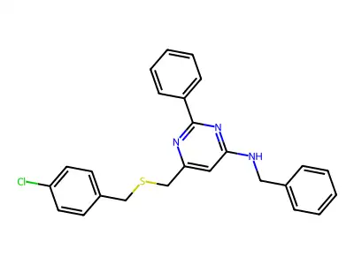N-benzyl-6-{[(4-chlorobenzyl)sulfanyl]methyl}-2-phenyl-4-pyrimidinamine structure