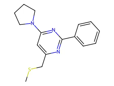 Methyl [2-phenyl-6-(1-pyrrolidinyl)-4-pyrimidinyl]methyl sulfide structure