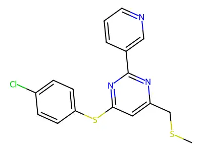 4-Chlorophenyl 6-[(methylsulfanyl)methyl]-2-(3-pyridinyl)-4-pyrimidinyl sulfide structure