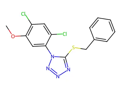5-(benzylsulfanyl)-1-(2,4-dichloro-5-methoxyphenyl)-1H-1,2,3,4-tetraazole structure