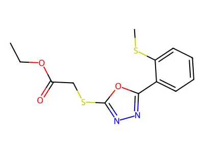 Ethyl 2-({5-[2-(methylsulfanyl)phenyl]-1,3,4-oxadiazol-2-yl}sulfanyl)acetate structure