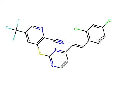 3-[4-[2-(2,4-dichlorophenyl)ethenyl]pyrimidin-2-yl]sulfanyl-5-(trifluoromethyl)pyridine-2-carbonitrile structure