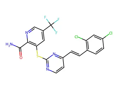 3-{[4-(2,4-dichlorostyryl)-2-pyrimidinyl]sulfanyl}-5-(trifluoromethyl)-2-pyridinecarboxamide structure