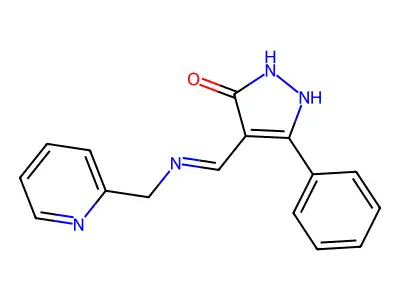 5-phenyl-4-{[(2-pyridinylmethyl)amino]methylene}-2,4-dihydro-3H-pyrazol-3-one structure