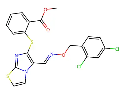 methyl 2-[5-[(2,4-dichlorophenyl)methoxyiminomethyl]imidazo[2,1-b][1,3]thiazol-6-yl]sulfanylbenzoate structure