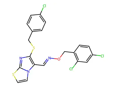 1-[6-[(4-chlorophenyl)methylsulfanyl]imidazo[2,1-b][1,3]thiazol-5-yl]-N-[(2,4-dichlorophenyl)methoxy]methanimine structure