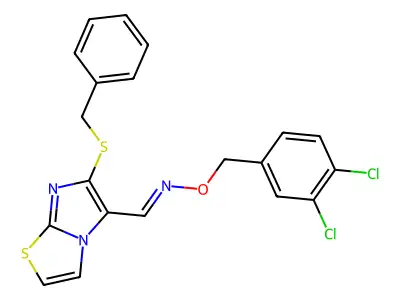 1-(6-benzylsulfanylimidazo[2,1-b][1,3]thiazol-5-yl)-N-[(3,4-dichlorophenyl)methoxy]methanimine structure