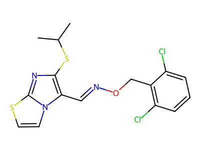 6-(isopropylsulfanyl)imidazo[2,1-b][1,3]thiazole-5-carbaldehyde O-(2,6-dichlorobenzyl)oxime structure