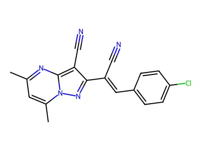 2-[2-(4-chlorophenyl)-1-cyanovinyl]-5,7-dimethylpyrazolo[1,5-a]pyrimidine-3-carbonitrile structure