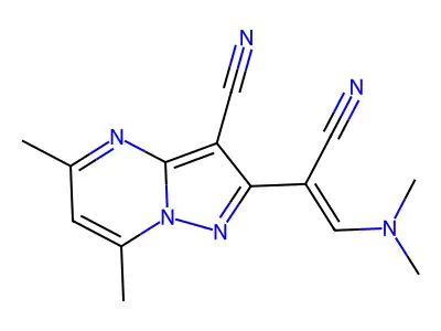 2-[1-cyano-2-(dimethylamino)vinyl]-5,7-dimethylpyrazolo[1,5-a]pyrimidine-3-carbonitrile structure
