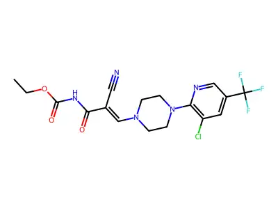 ethyl N-(3-{4-[3-chloro-5-(trifluoromethyl)-2-pyridinyl]piperazino}-2-cyanoacryloyl)carbamate structure