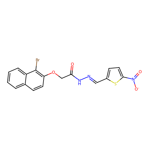 2-(1-bromonaphthalen-2-yl)oxy-N-[(5-nitrothiophen-2-yl)methylideneamino]acetamide structure
