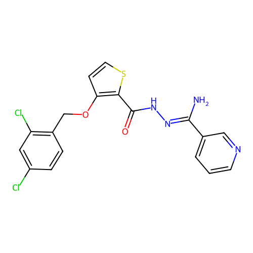 3-[(2,4-dichlorobenzyl)oxy]-N'-[imino(3-pyridinyl)methyl]-2-thiophenecarbohydrazide structure