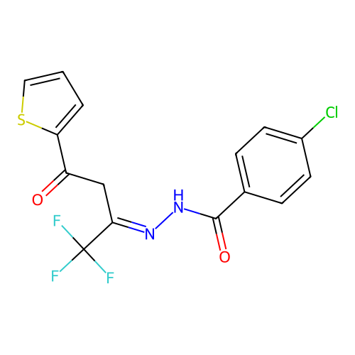 (E)-4-chloro-N'-(1,1,1-trifluoro-4-oxo-4-(thiophen-2-yl)butan-2-ylidene)benzohydrazide structure