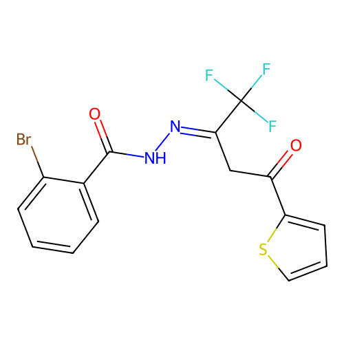 (E)-2-bromo-N'-(1,1,1-trifluoro-4-oxo-4-(thiophen-2-yl)butan-2-ylidene)benzohydrazide structure