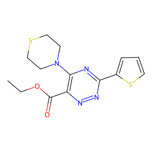 Ethyl 5-(1,4-thiazinan-4-yl)-3-(2-thienyl)-1,2,4-triazine-6-carboxylate structure