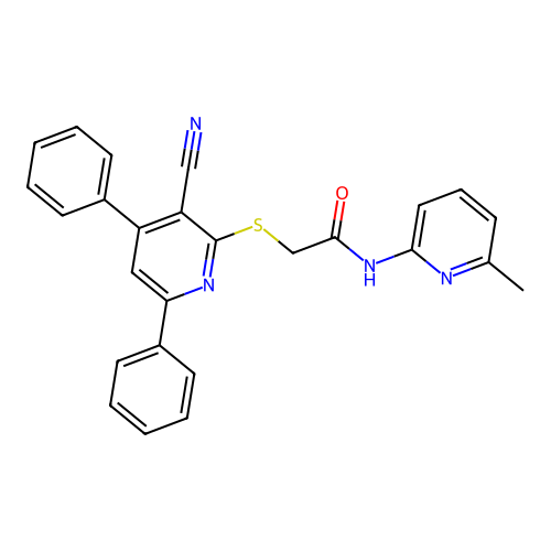 2-((3-cyano-4,6-diphenylpyridin-2-yl)thio)-N-(6-methylpyridin-2-yl)acetamide structure