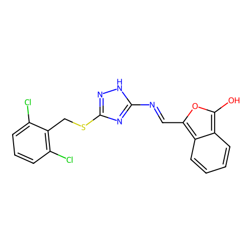 (3Z)-3-{[(3-{[(2,6-dichlorophenyl)methyl]sulfanyl}-1H-1,2,4-triazol-5-yl)amino]methylidene}-1,3-dihydro-2-benzofuran-1-one structure