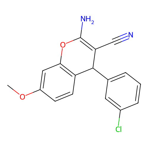 2-amino-4-(3-chlorophenyl)-7-methoxy-4H-chromene-3-carbonitrile structure