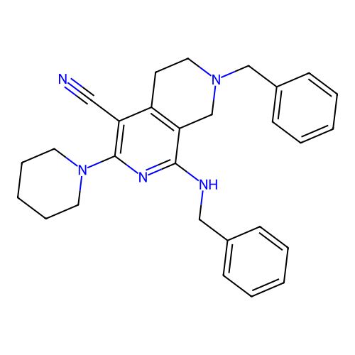 7-benzyl-1-(benzylamino)-3-(piperidin-1-yl)-5,6,7,8-tetrahydro-2,7-naphthyridine-4-carbonitrile structure