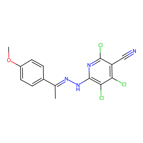 (E)-2,4,5-trichloro-6-(2-(1-(4-methoxyphenyl)ethylidene)hydrazinyl)nicotinonitrile structure